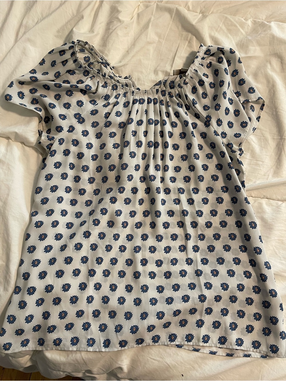 LOFT Cream Peasant Blouse with Blue Floral Medallions
